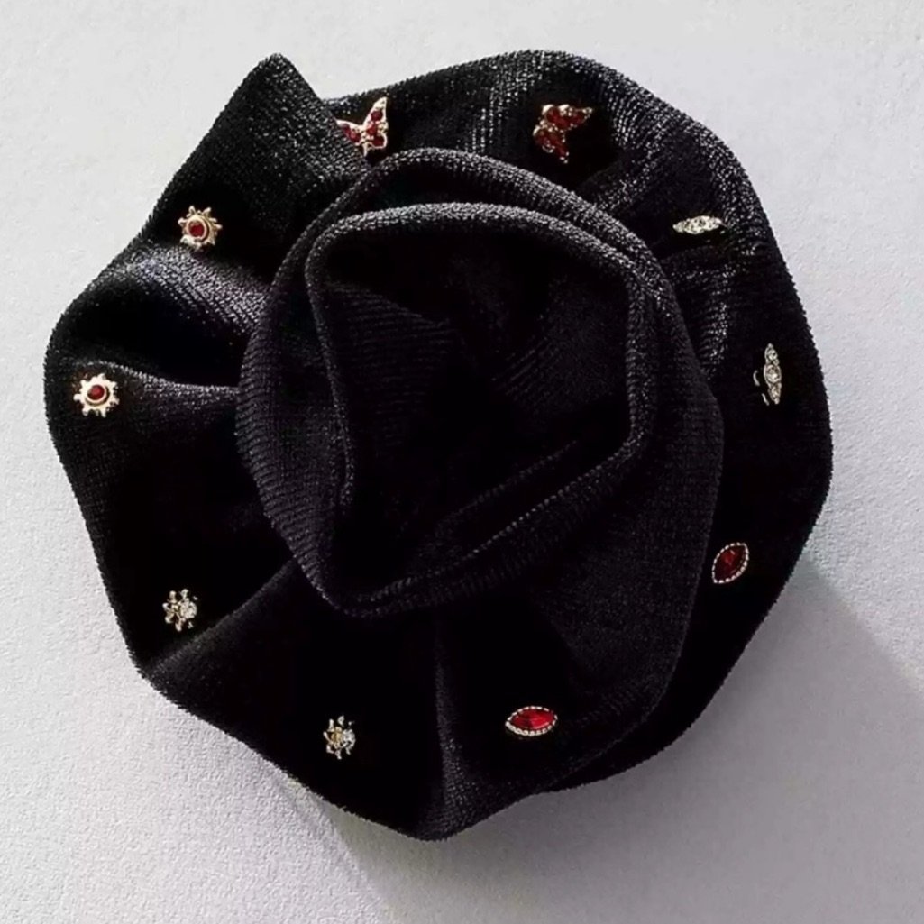 Free People Velvet Rosette Brooch Black With Stud Earrings Pack Gold Tone Nwt 20$